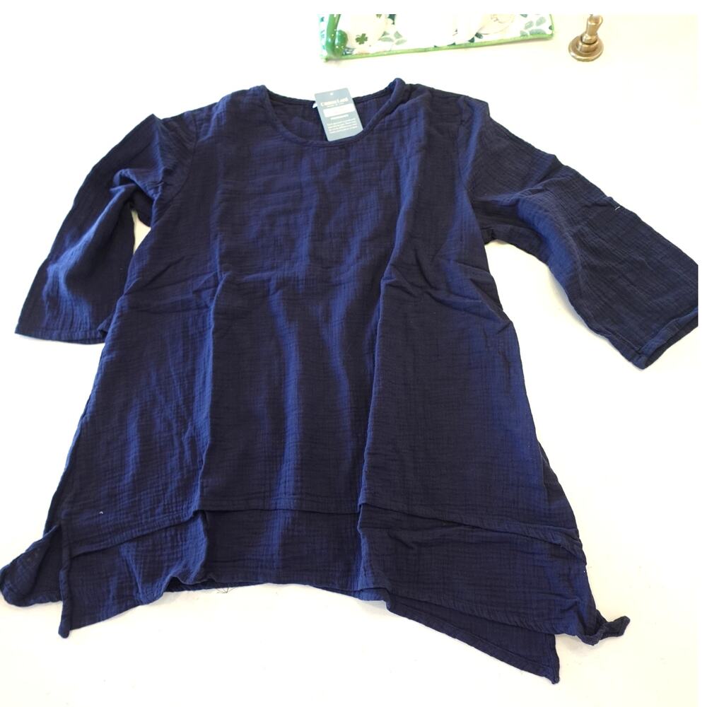 Cotton Lani Navy Crew Neck Asymmetrical tunic top size Medium